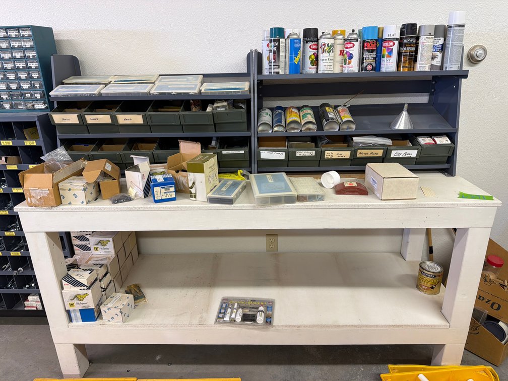 73"x24" wood shop bench w/metal bins and stock