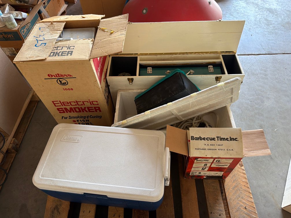 camping supplies, smoker, kitchen box, cooler, bbq