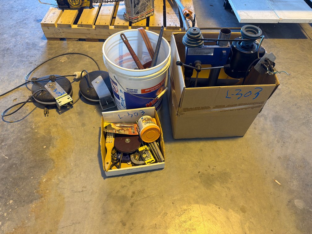 nylon tie downs, chain binders. drill press, assorted tools, retractable cords