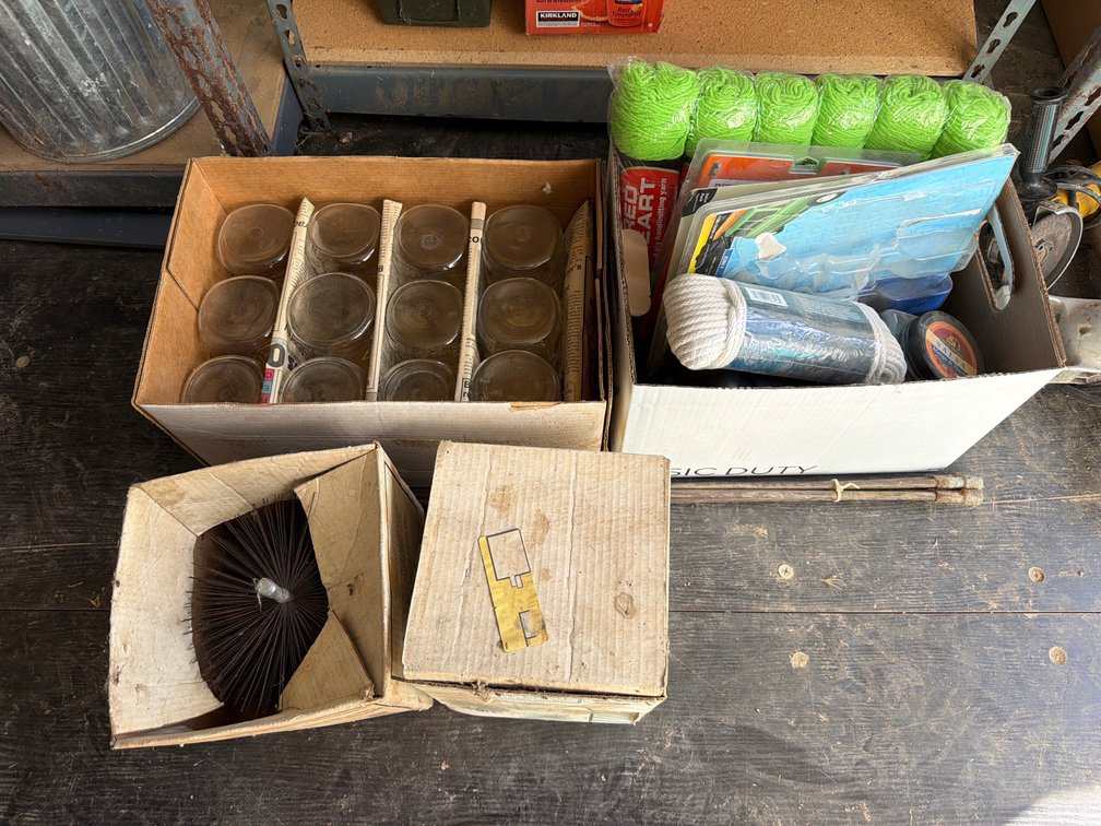 chimney brushes, rope, yarn, canning jars