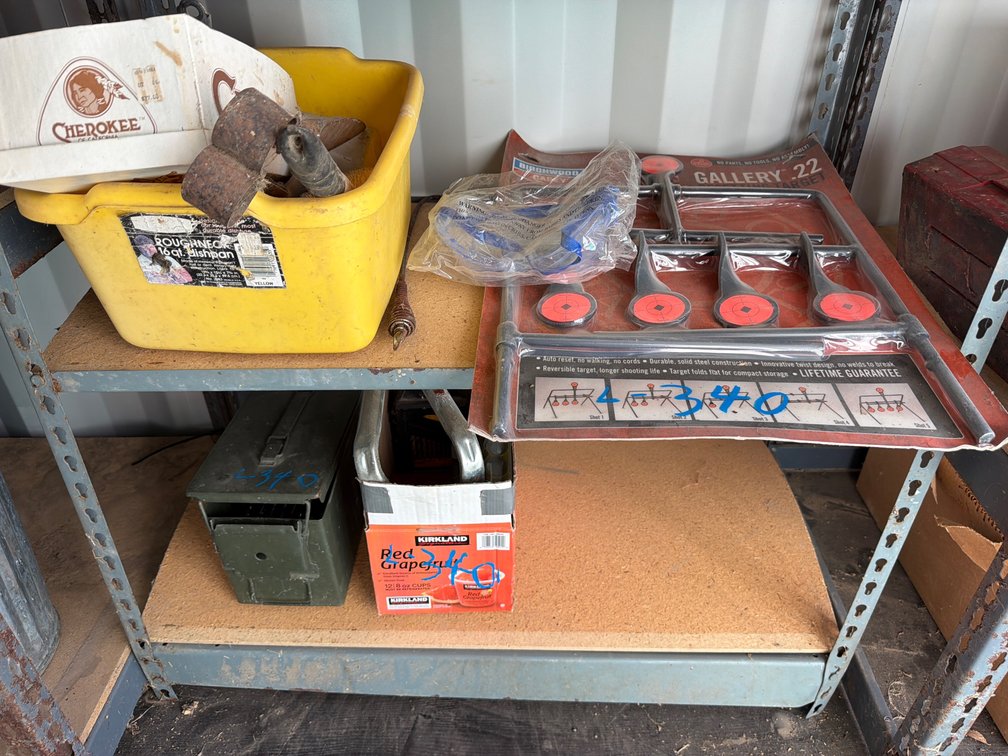 ammo box, 22 target, wood chisels,  drill bits