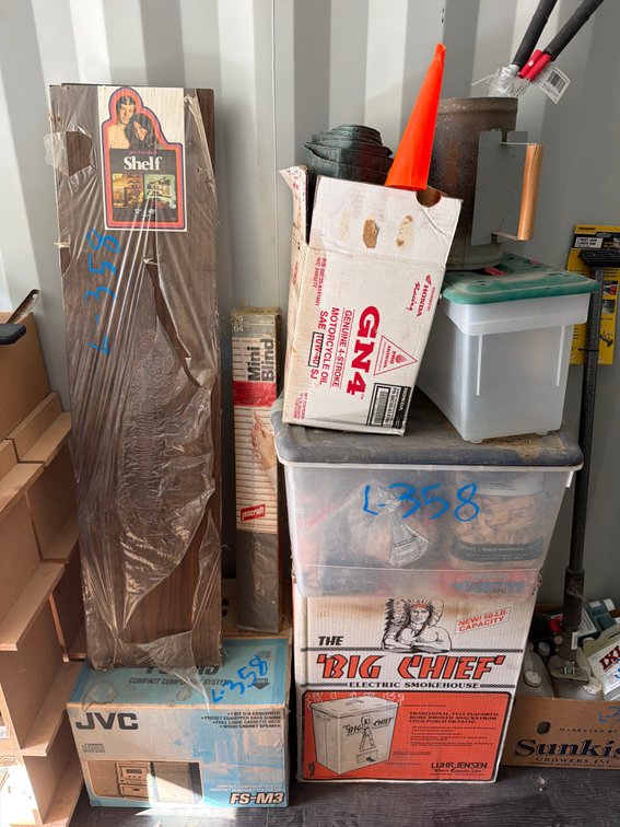 Big Chief smoker, wood chips, tarp, shelving, stereo