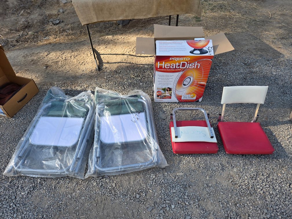 stadium seats, lawn chairs, heater dish