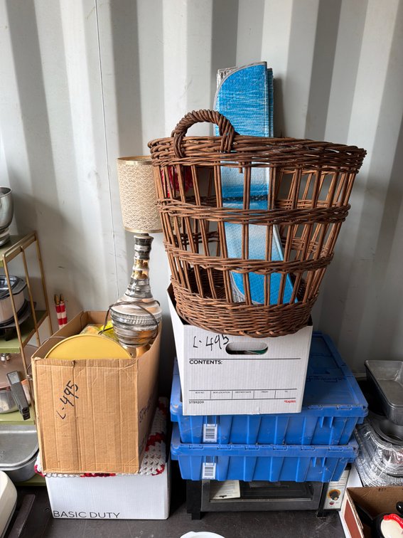 as decorations, tins, basket, lamp