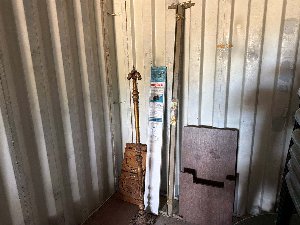 roof snow rake, table, lamp stand