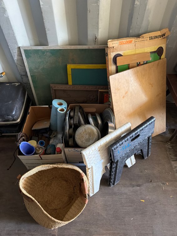 pots pans, mini pool table, chalk boards