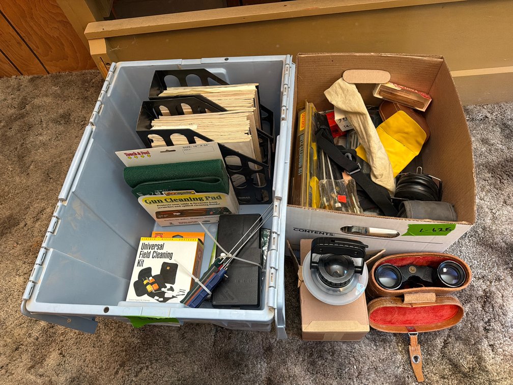 binoculars, gun cleaning kits, magazines, assorted sporting goods