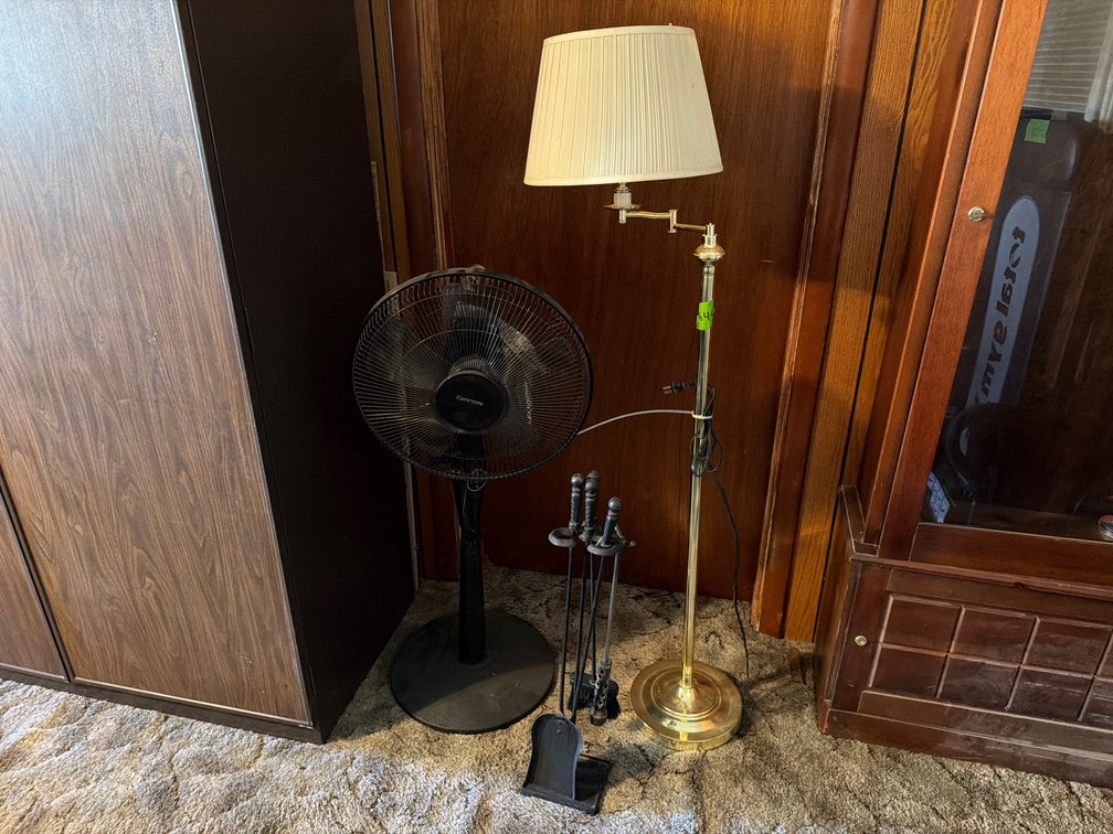 fire place set, lamp stand, fan