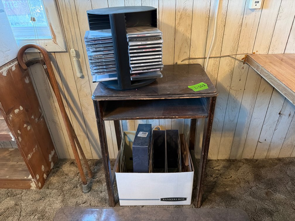 phone stand, cd's, office supplies