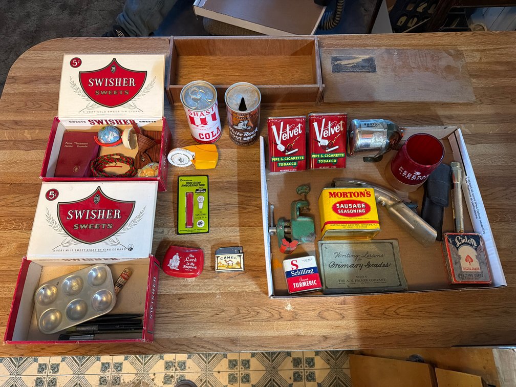 tins, cigar boxes