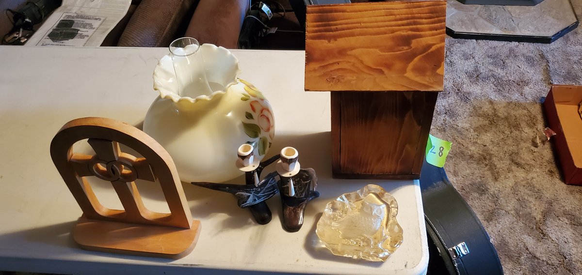 lamp chimneys, bird house, candle holders