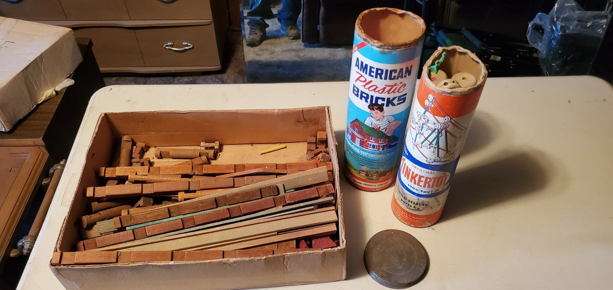 Lincoln logs, plastic bricks, tinker toys