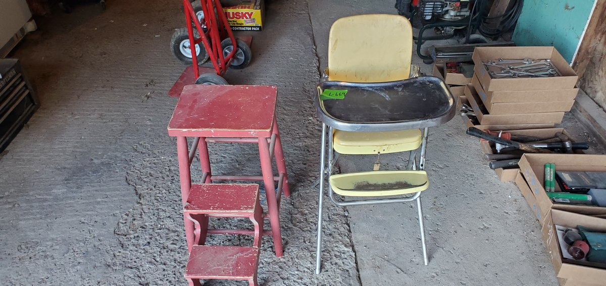 chrome high chair, wood step stool