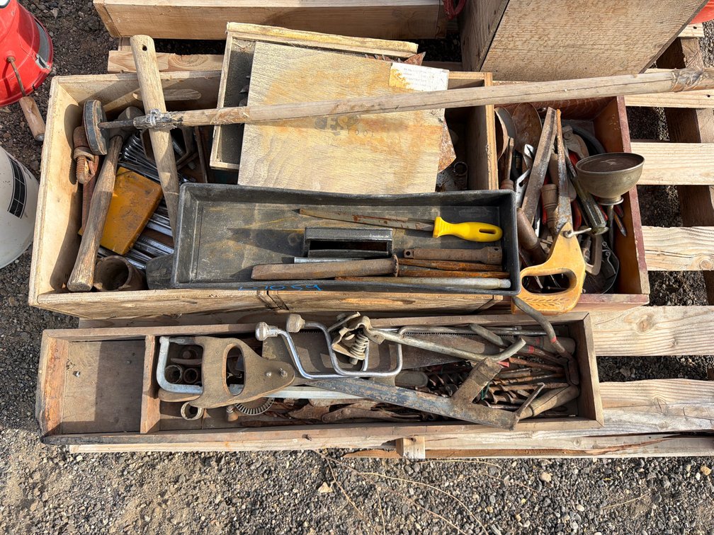 hand tools, antique wooden boxes