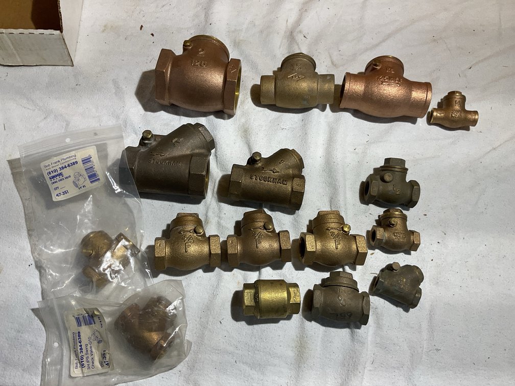 Brass sweat and threaded check valves, various sizes, all new