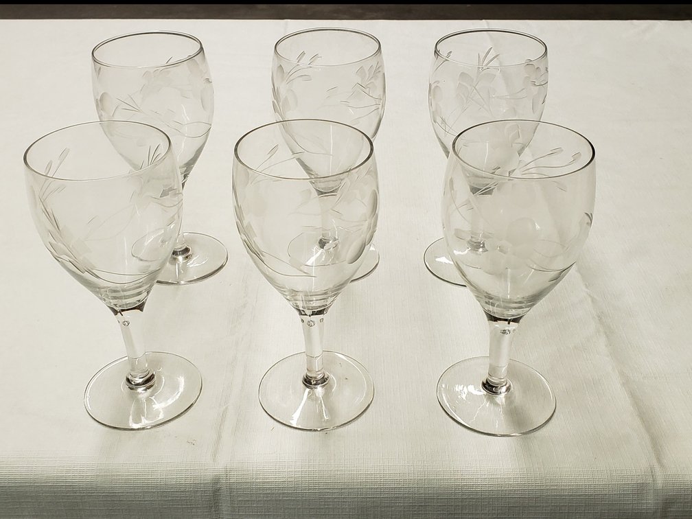 6 Etched Wine Glasses