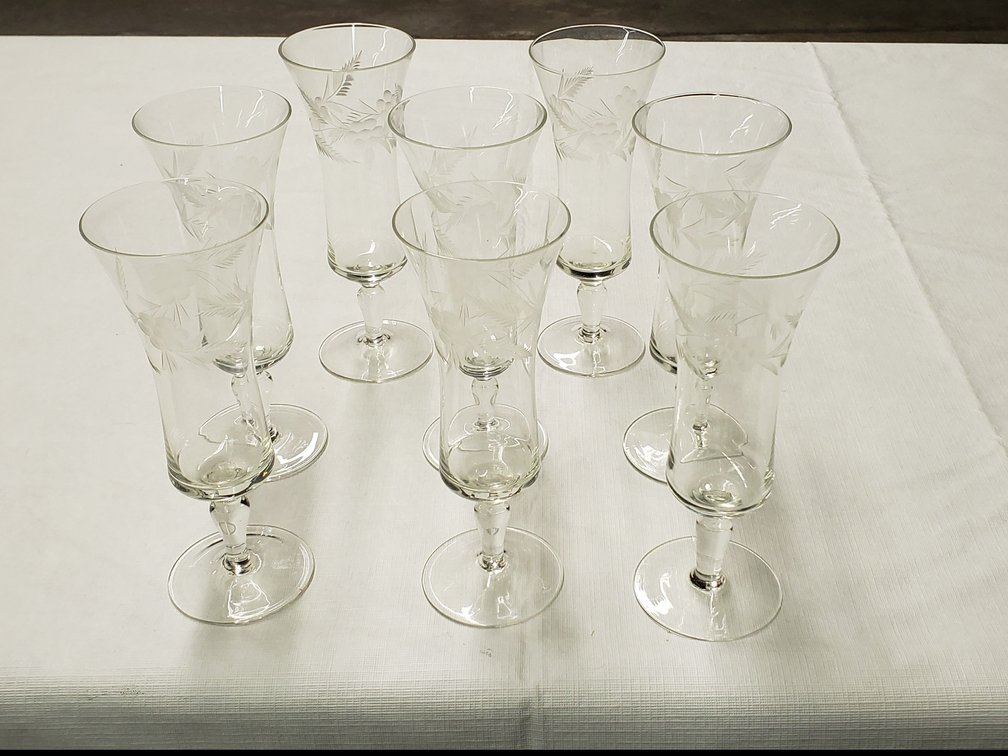 8 Tall Etched Wine Glasses 