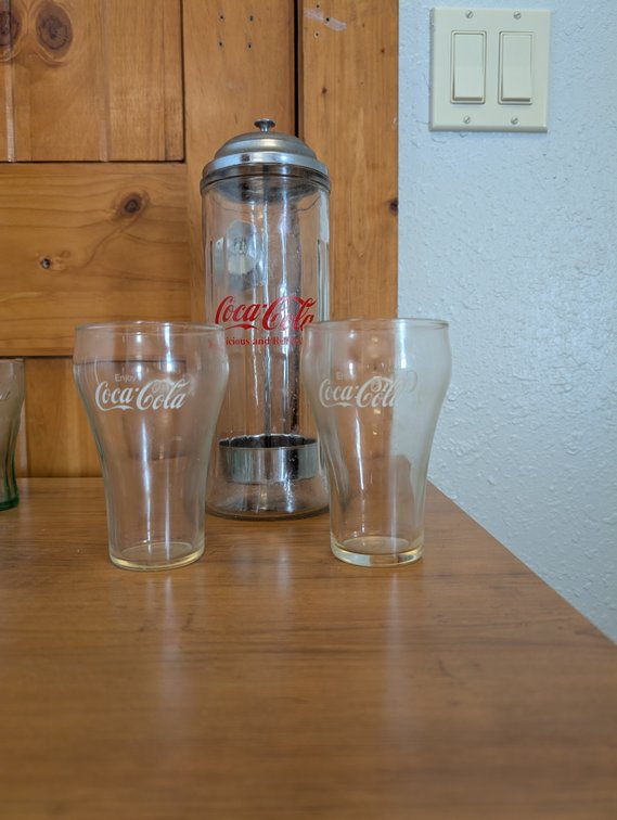 Coca-Cola Glass Straw Dispenser and 2 Coca-Cola Glasses