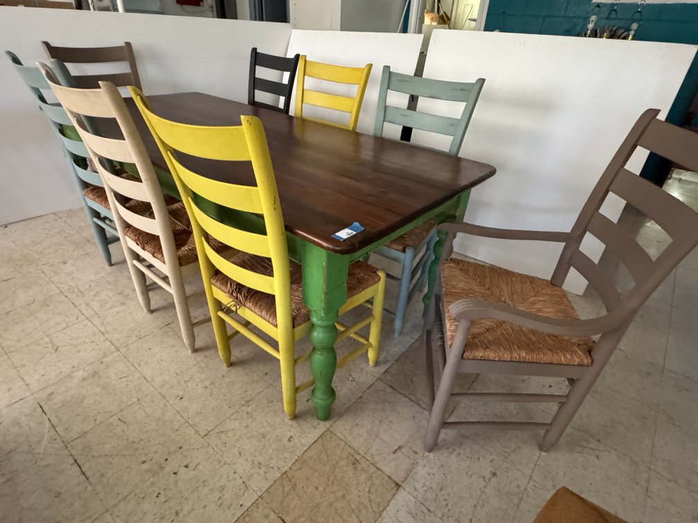 Wood Dining Table and Eight Rush-Seat Ladder-Back Chairs
