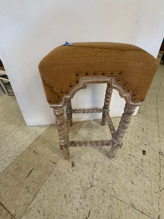 Backless Barstool with Burlap Upholstery and Turned Legs