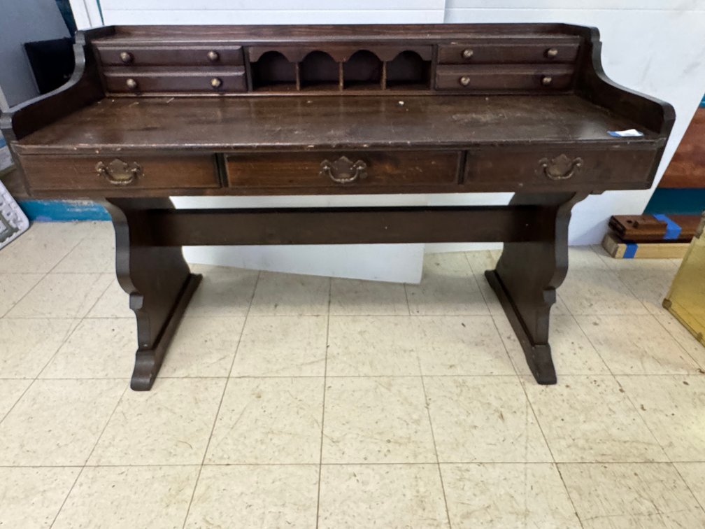 Dark Stained Wood Trestle Writing Desk with Gallery