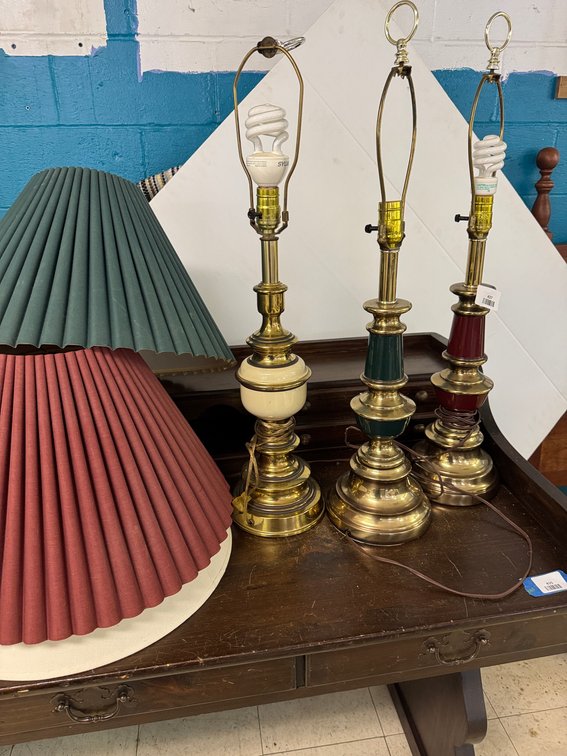 Set of Three Brass Table Lamps with Pleated Shades
