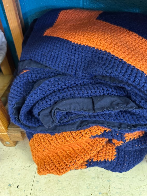 Navy Blue and Orange Crochet Blanket with Fabric Lining