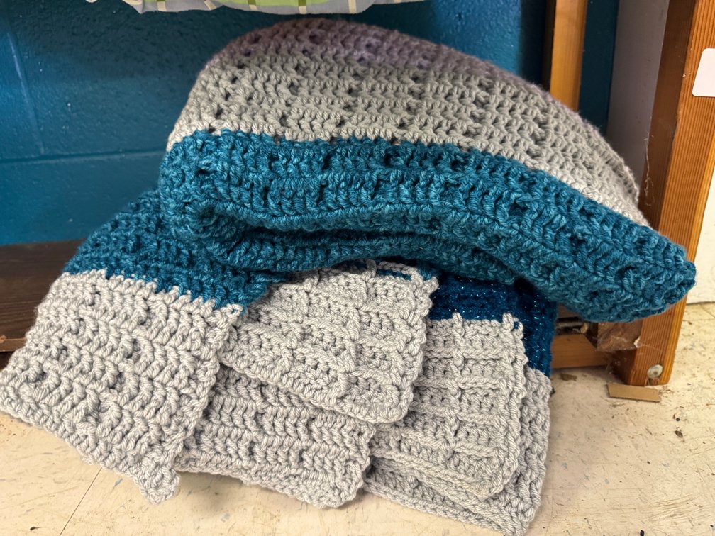 Hand-Crocheted Yarn Blanket in Teal, Gray, and Lavender