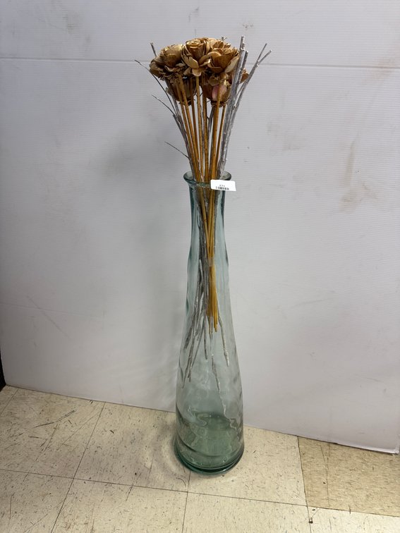 Pale Green Glass Floor Vase with Dried Floral Arrangement