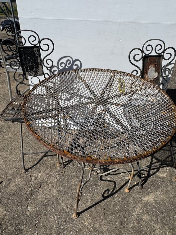 Metal Patio Bistro Table and Two Folding Chairs