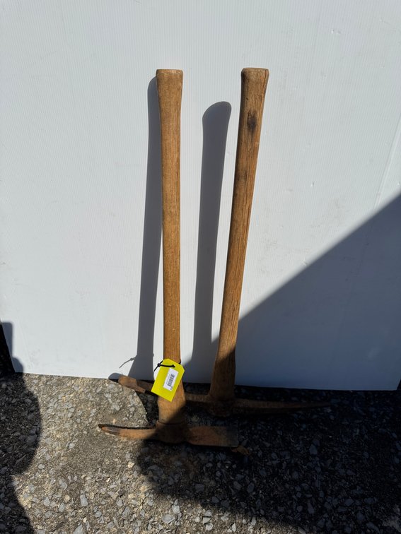 Two Pickaxe and Scraper Tools with Wooden Handles