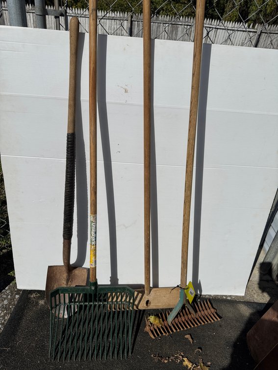 Shovel, Stall Fork, Thatch Rake, and Push Broom
