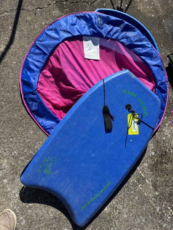 Bodyboard, SwimWays Pool Float, and Plastic Saucer Sled