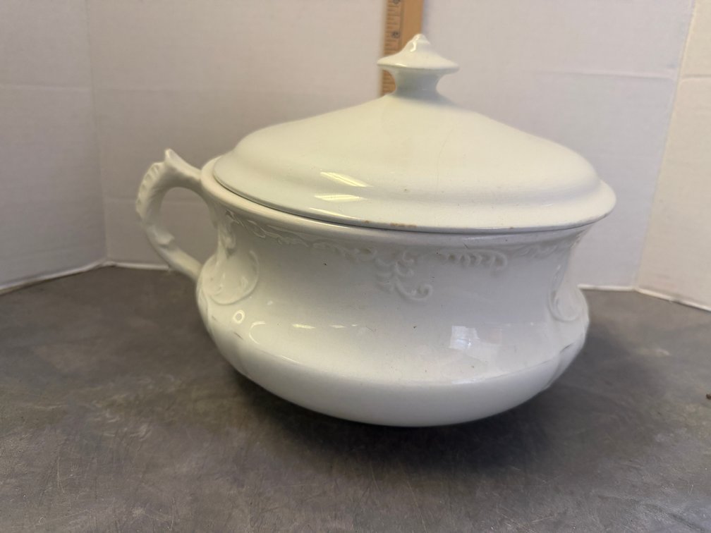 Ceramic Chamber Pot, Basin, and Silver-Tone Jewelry