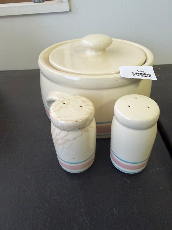 Ceramic Lidded Crock and Salt and Pepper Shakers