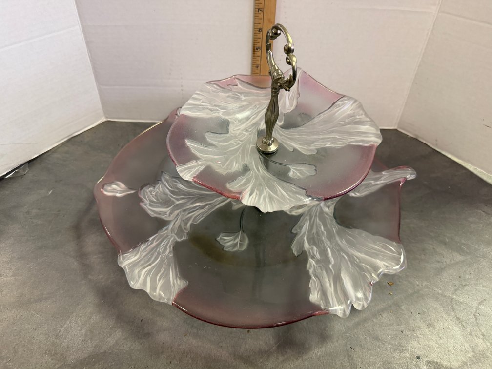 Two-Tier Frosted Glass Serving Stand with Cranberry Rim