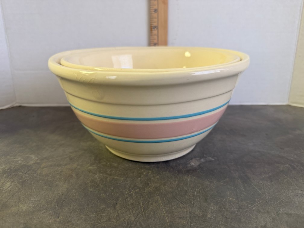 Pink and Blue Striped Ceramic Nesting Mixing Bowls