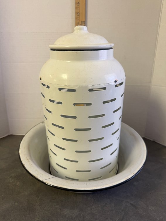White Enamelware Perforated Canister with Lid and Basin