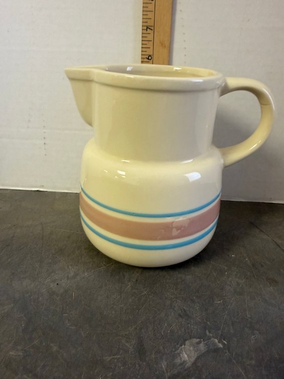 Cream Ceramic Pitcher with Pink and Blue Stripes