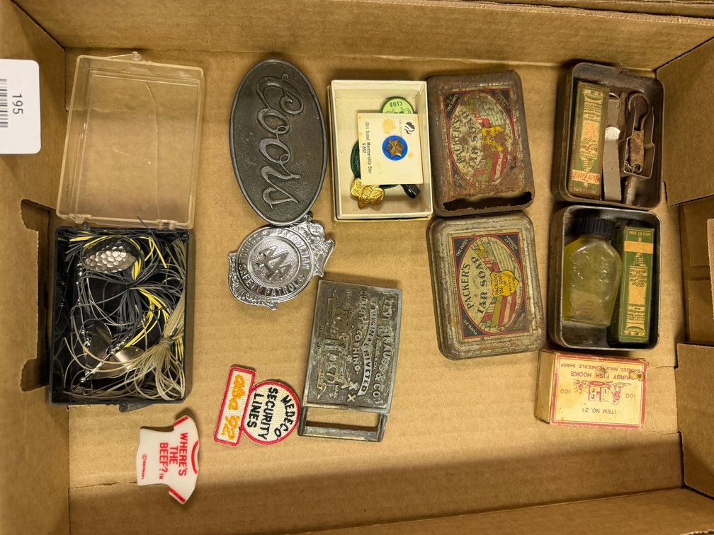 Belt Buckles, Advertising Tins, Badges, and Fishing Tackle