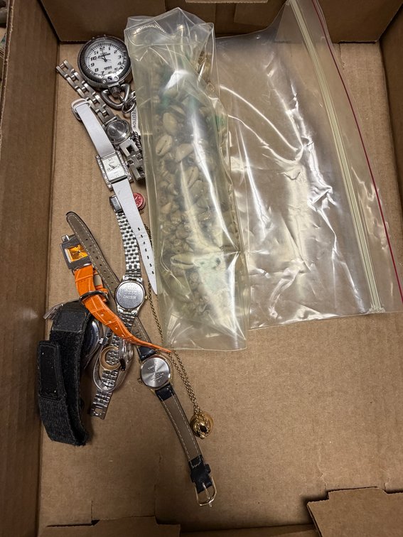 Wristwatches, Clip Watch, and Bag of Seashells