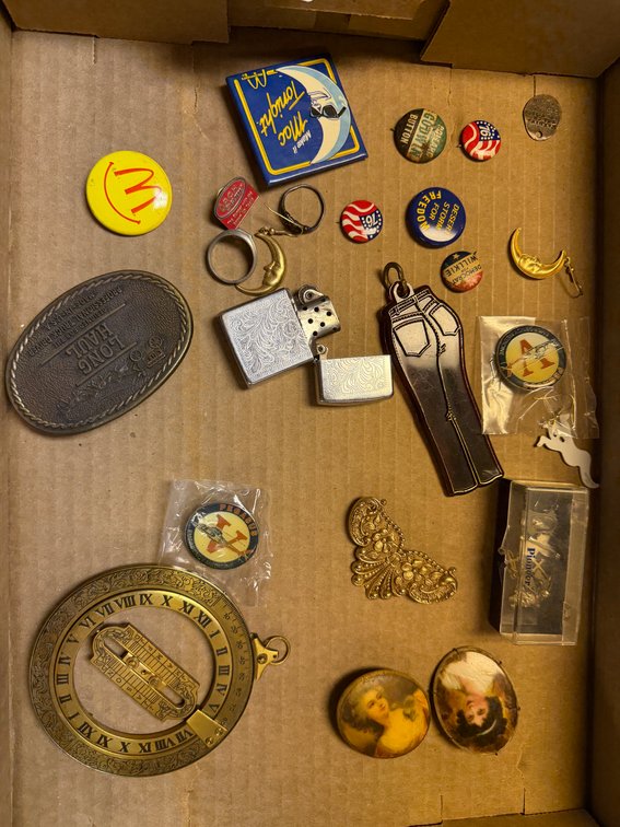 Belt Buckle, Pocket Sundial, Lighter, Pins, and Jewelry