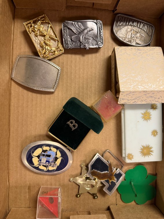 Belt Buckles, Pins, Paperweight, and Novelty Items