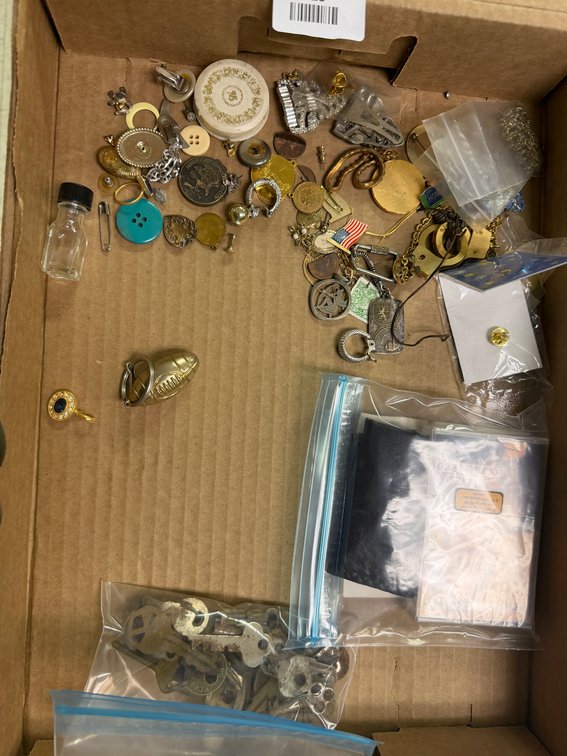 Costume Jewelry, Lapel Pins, Keys, and Cassette Tape