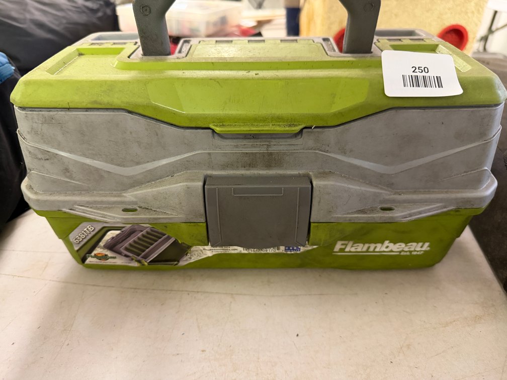 Plastic Tackle Box, Fishing Tackle, and Hip Flask