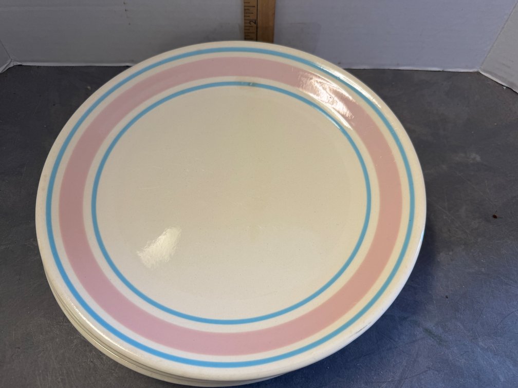 Set of Four Ceramic Plates with Pink and Blue Rim Bands