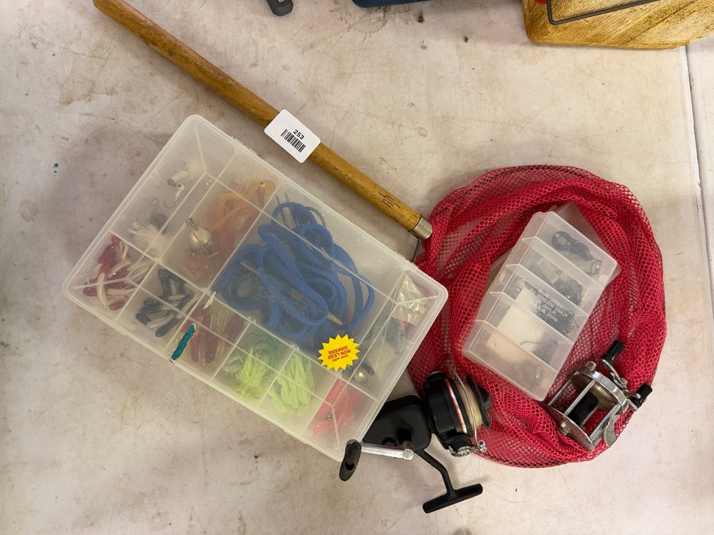 Fishing Reels, Landing Net, Tackle Boxes, and Tackle