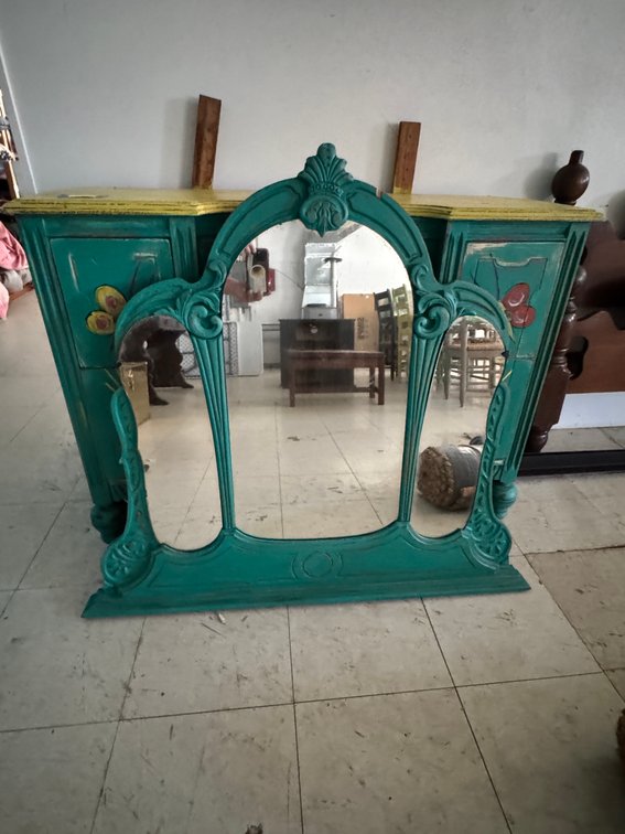 Teal Painted Wood Vanity Desk with Detached Mirror