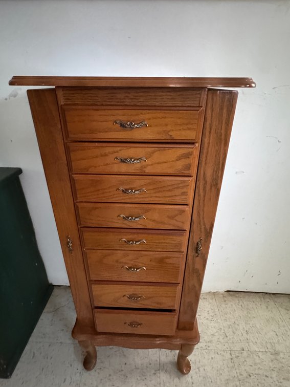 Oak Standing Jewelry Armoire with Flip-Top Mirror