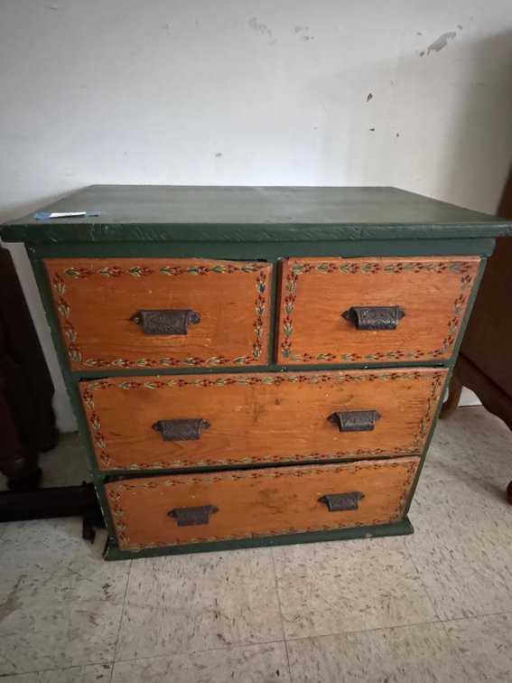 Green Painted Four-Drawer Wood Chest with Floral Motif
